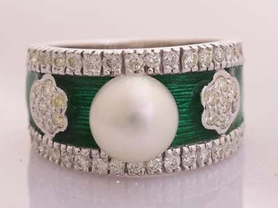 ladies-emerald-cut-gold-rings-Repair - Ring - South Sea Pearl and Diamond (Enamel) - 206DS