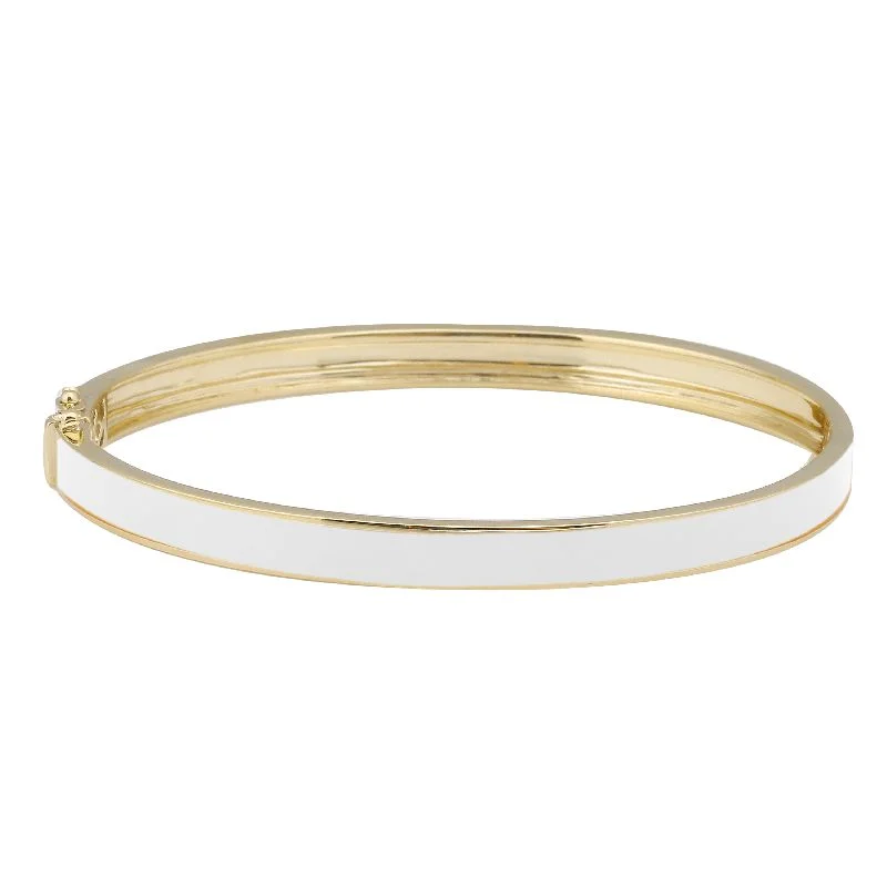 Ladies bracelets for adventure vibes -14k Yellow Gold White Enamel & Diamond Double Sided Bangle Bracelet