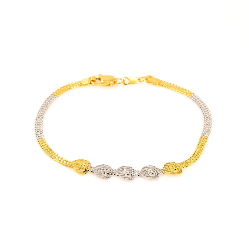 Ladies bracelets with orbit charms -22K Multi Tone Gold Bracelet W/ Flat Beaded Band & Heart Accents, 4 gm