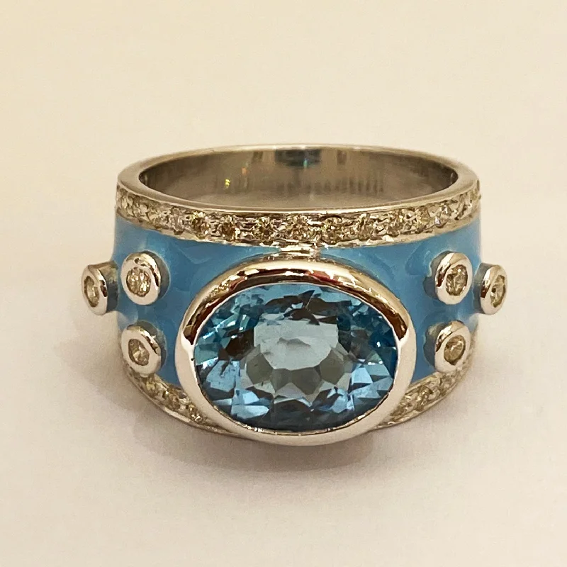 ladies-classic-rose-gold-rings-Ring - Blue Topaz and Diamond with Enamel in Silver