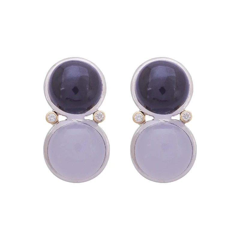 ladies-sterling-silver-hoop-earrings-Earrings- Onyx, Chalcedony and Diamond