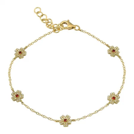 Ladies bracelets quad sets -14k Yellow Gold Ruby Flower Bracelet