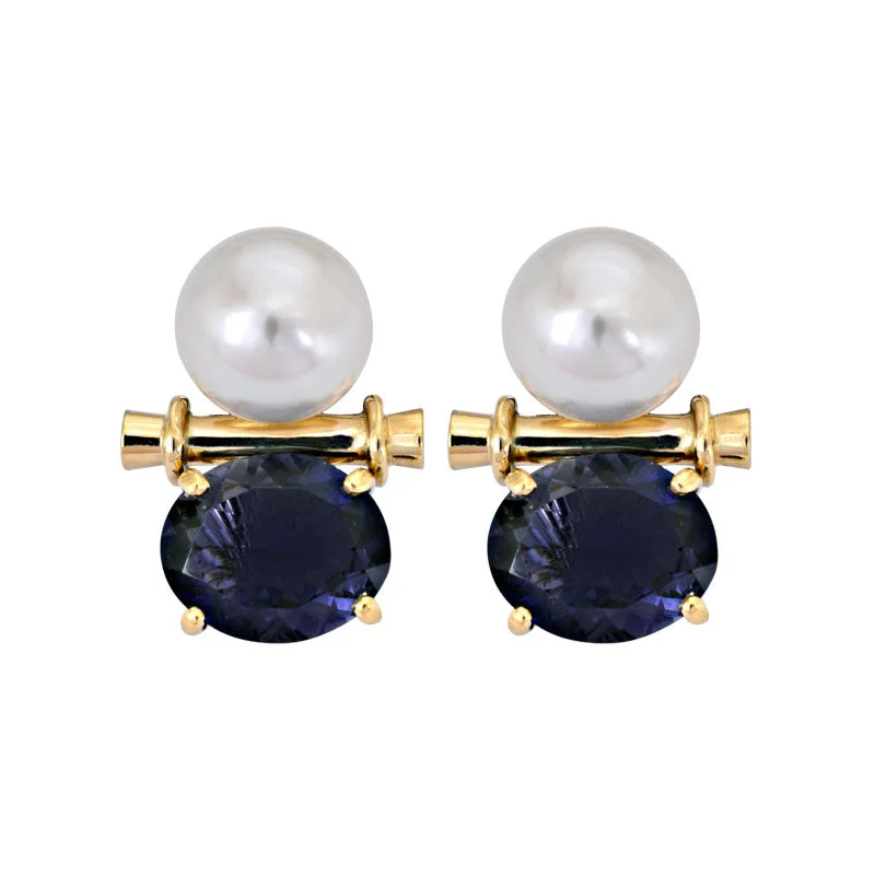 ladies-statement-gold-earrings-Earrings- Iolite and South Sea Pearl