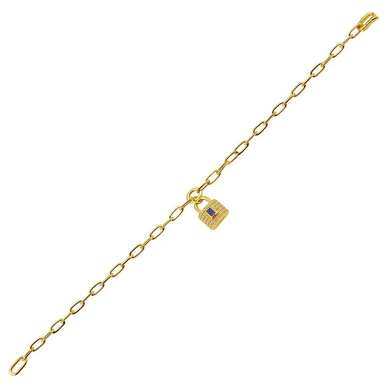 Ladies bracelets for hangout vibes -14k Yellow Gold Diamond & Sapphire Lock Charm Bracelet