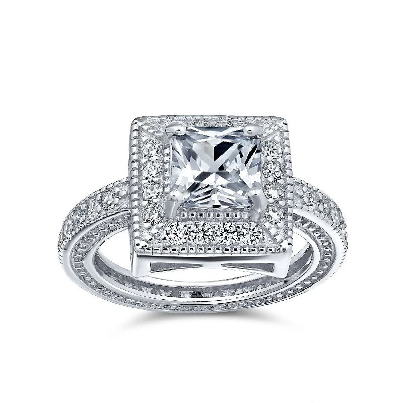 engagement-white-gold-accent-rings-Vintage Art Deco Style CZ Milgrain Princess Cut Halo Engagement Ring Silver