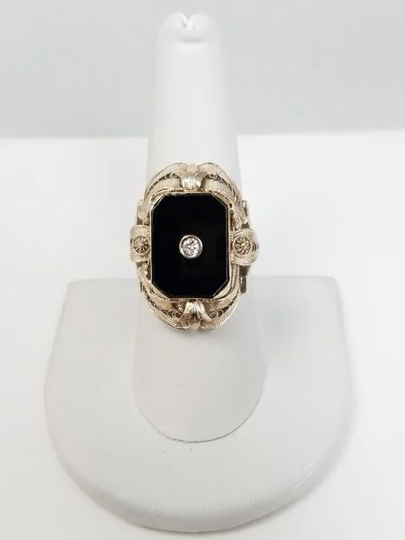 ladies-pearl-cluster-rings-Grand 1930's 14k White Gold Natural Onyx Diamond Filigree Ring