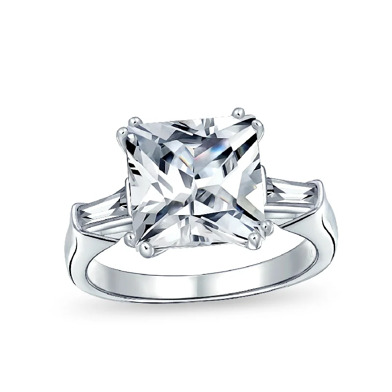 engagement-princess-cut-silver-rings-5CT Square Princess Cut AAA CZ Side Baguette Solitaire Engagement Ring