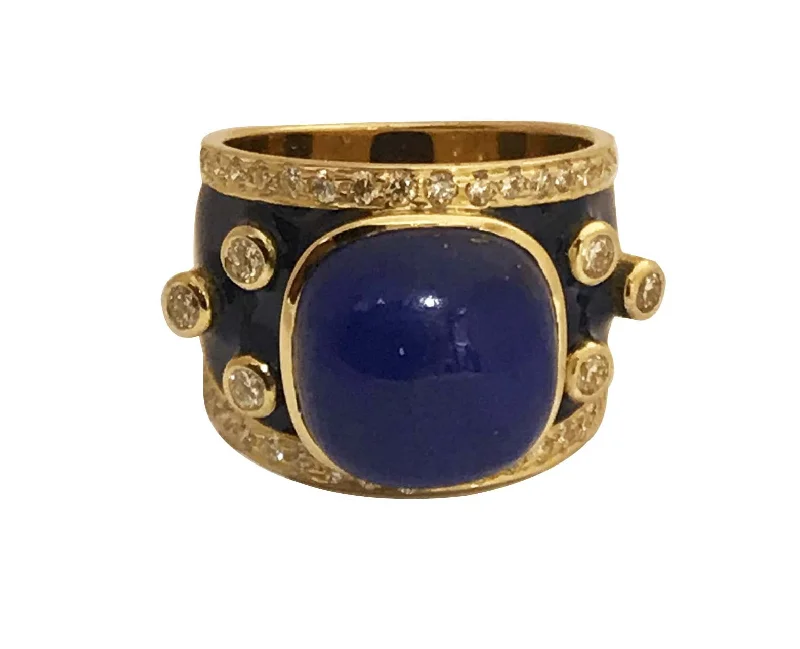 ladies-asscher-cut-diamond-rings-Ring - Lapis Lazuli and Diamond (Enamel) in 18K Gold