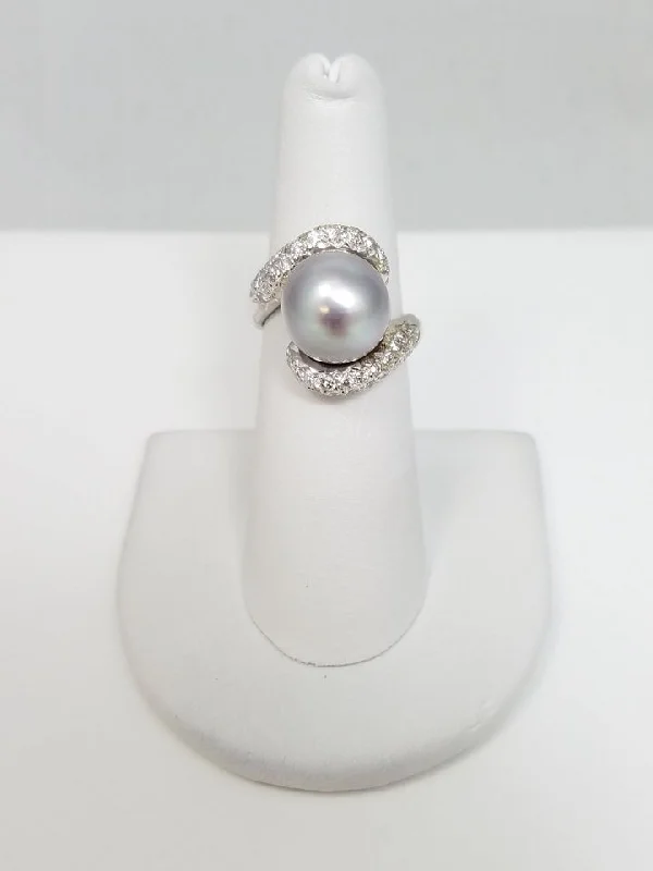 ladies-custom-emerald-rings-Spectacular 14k White Gold Tahitian Pearl Natural Diamond Ring