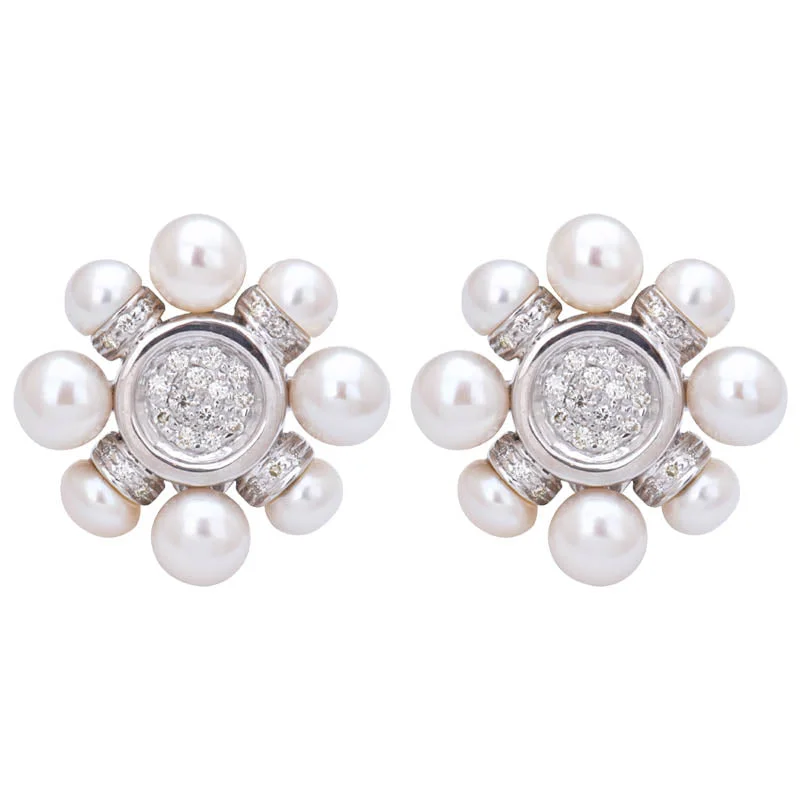 ladies-silver-flower-earrings-Earrings- Fresh Water Pearl, South Sea Pearl and Diamond