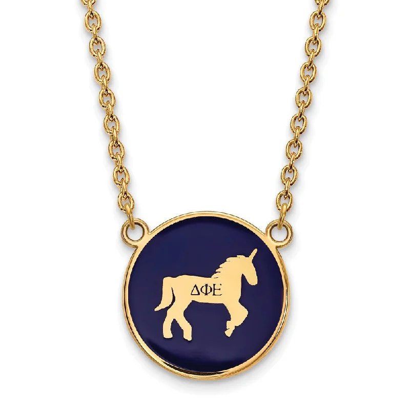 Ladies necklaces satin elegance -14K Plated Silver Delta Phi Epsilon Large Blue Enamel Mascot Necklace