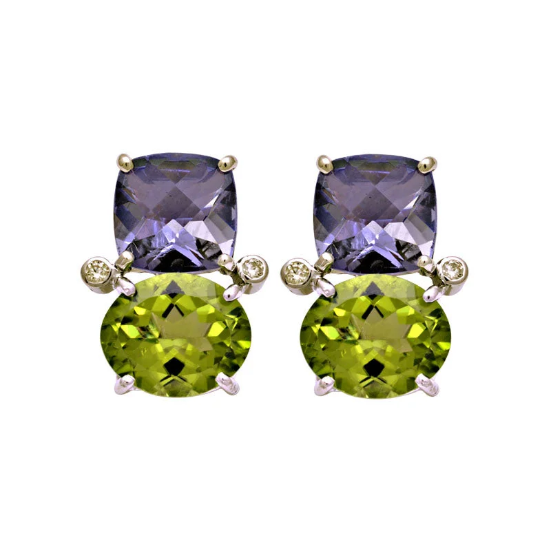 ladies-gold-heart-earrings-Earrings-Iolite, Peridot and Diamond