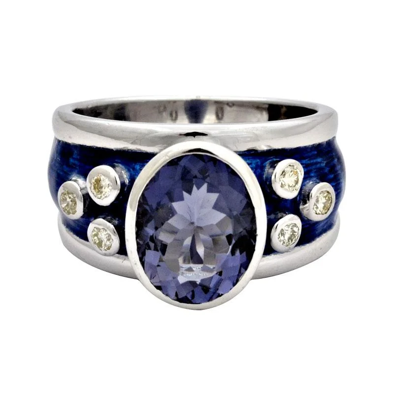 ladies-rose-gold-filigree-rings-Ring - Iolite and Diamond with Enamel in Silver