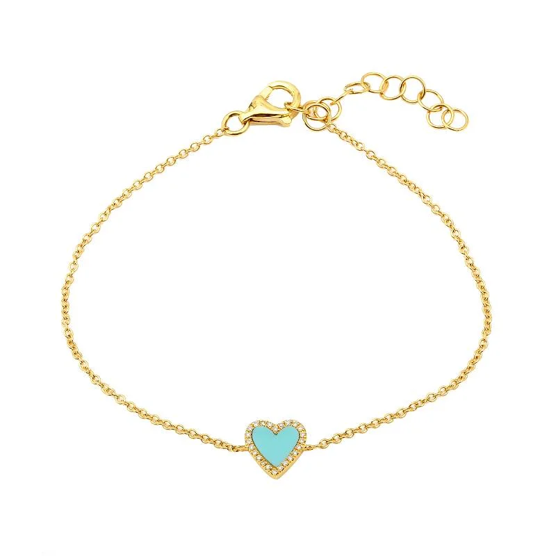 Ladies bracelets with peach calcite -14k Yellow Gold Diamond and Turquoise Large Heart Bracelet