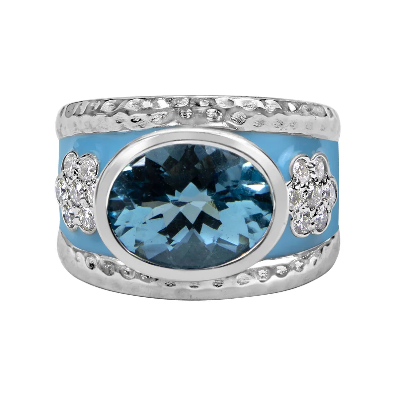 ladies-custom-gold-rings-Ring - Bluetopaz And Diamond (enamel)