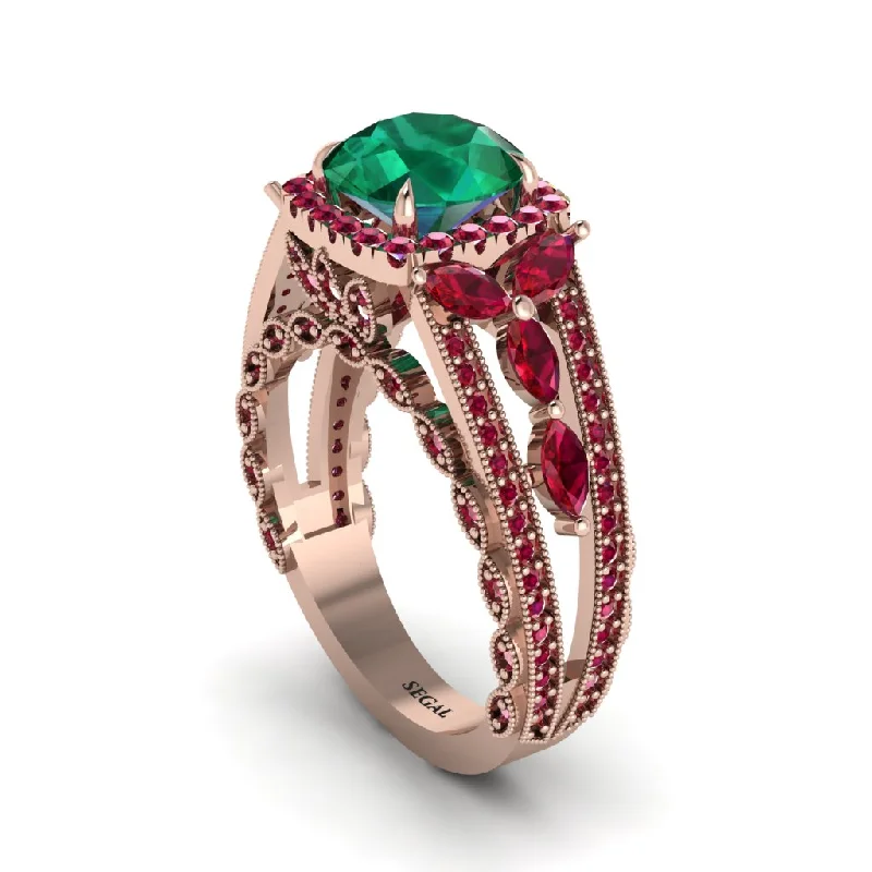 engagement-white-gold-accent-rings-Emerald Eternal Embrace Double Shank Filigree Engagement Ring - Celine No. 50