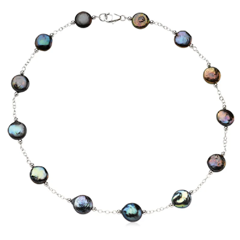 Ladies necklaces with sea chrysocolla -12-13mm Black FW Cultured Coin Pearl & Sterling Silver 18-In Necklace