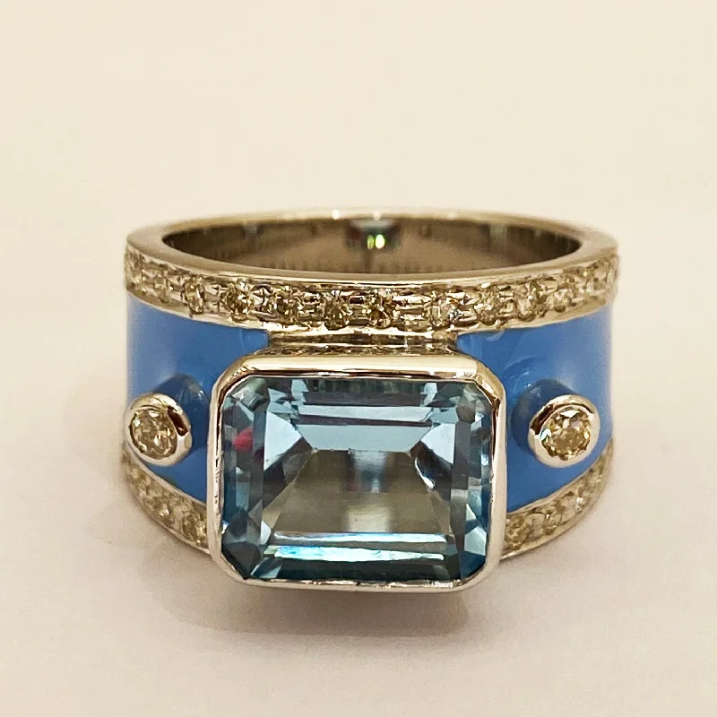 ladies-white-gold-cluster-rings-Ring - Blue Topaz and Diamond (Enamel) in Silver