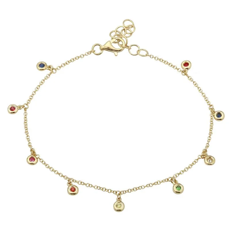 Ladies bracelets with streak charms -14K Yellow Gold Dangling Rainbow Bracelet