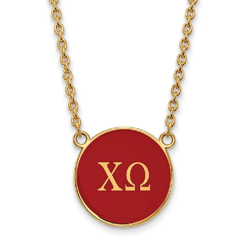 Ladies necklaces cultural charm -14K Plated Silver Chi Omega Lg Red Enamel Disc Greek Letters Necklace