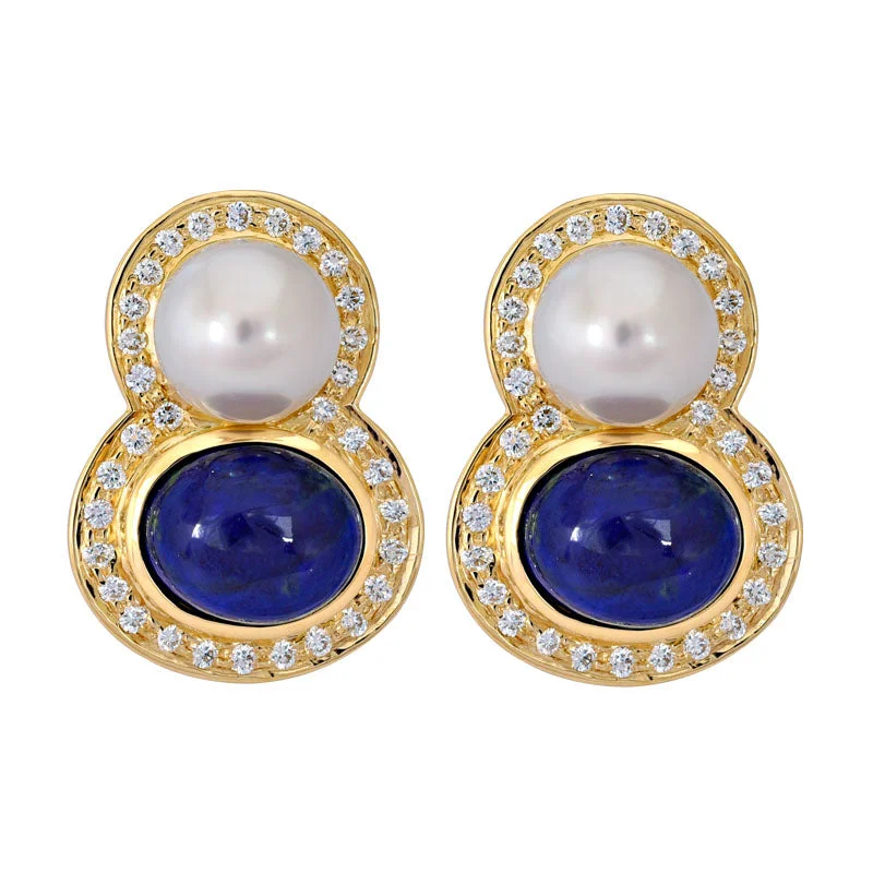 ladies-flower-bar-earrings-Earrings- Lapis Lazuli, South Sea Pearl and Diamond