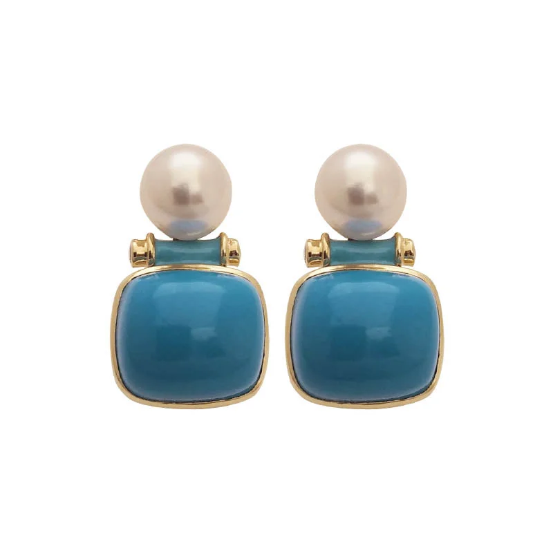 ladies-gold-star-earrings-EARRINGS- SYNTHETIC TURQUOISE, S.S. PEARL AND DIAMOND IN 18K GOLD WITH ENAMEL