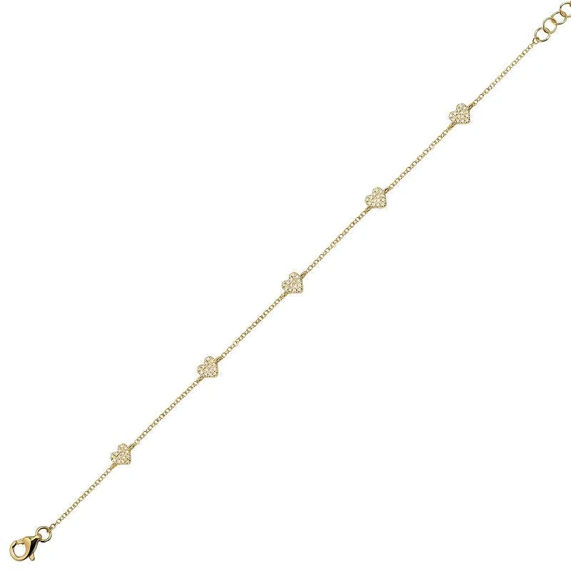 Ladies bracelets with zirconia accents -14k Yellow Gold Five Heart Pave Diamond Bracelet