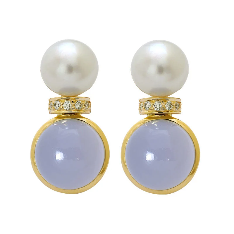 ladies-pearl-hook-earrings-Earrings- Chalcedony, South Sea Pearl and Diamond in 18K Gold