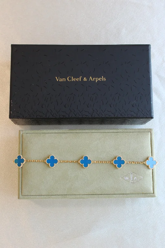 Ladies bracelets for concert vibes -Van Cleef Arpels VCA Alhambra Blue Agate Clover Bracelet 18k Gold 7.25" Box