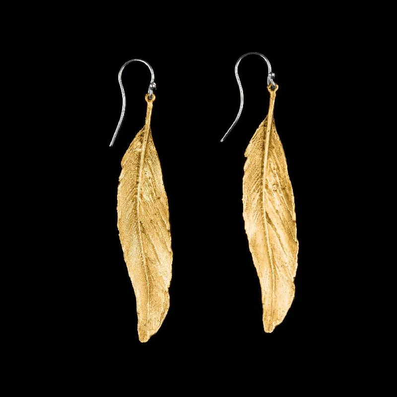 ladies-bohemian-dangle-earrings-Feather Earring - Long Single Wire Gold