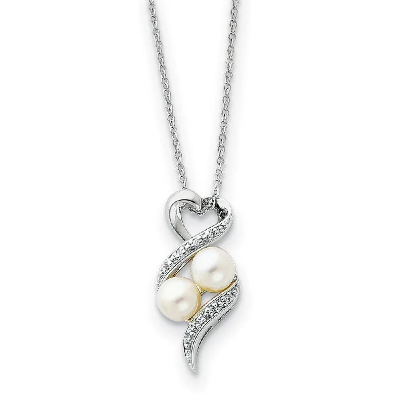 Ladies necklaces with dusk charms -Sterling Silver, FW Cultured Pearl & CZ 2 P's in a Pod Heart Necklace