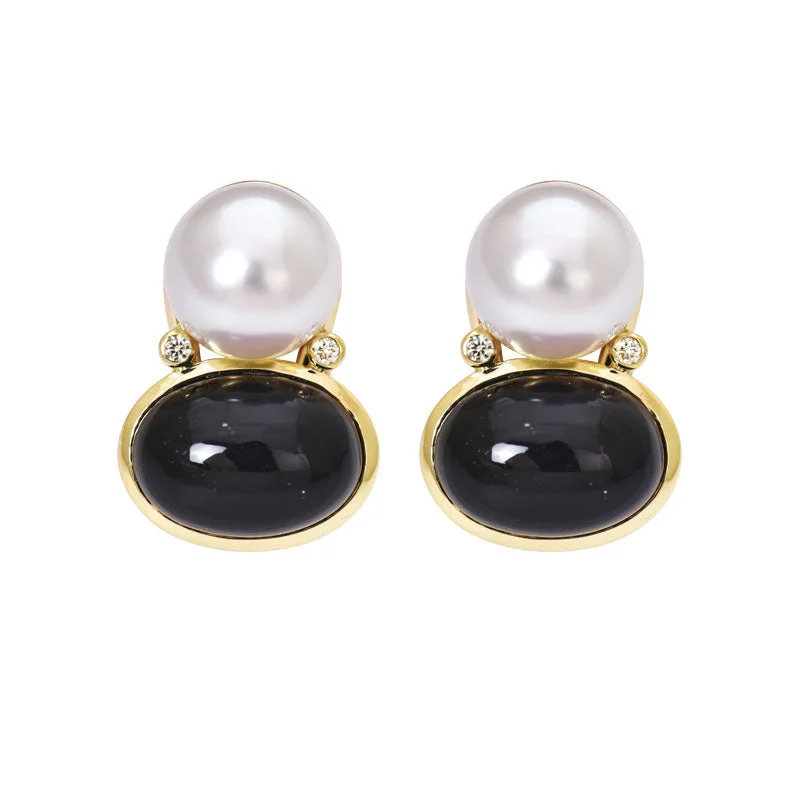 ladies-heart-gold-earrings-Earrings- Black Onyx, South Sea Pearl and Diamond