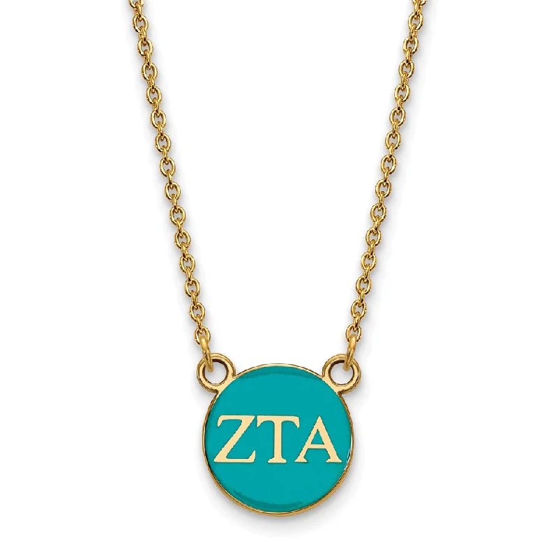 Ladies necklaces with silk accents -14K Plated Silver Zeta Tau Alpha Small Turquoise Enamel Disc Necklace