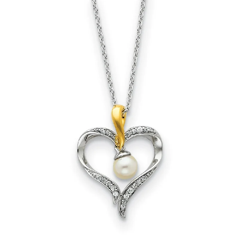 Ladies necklaces thin elegance -Plated Sterling Silver, FW Cultured Pearl & CZ Heart & Soul Necklace