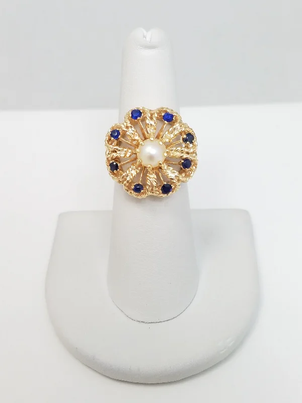 ladies-oval-gold-rings-Vintage 14k Yellow Gold Open Work Pearl and Sapphire Ring