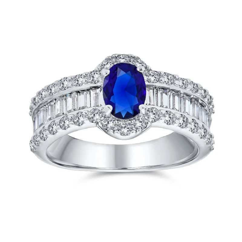 engagement-silver-channel-set-rings-Vintage Art Deco Halo Blue Simulated Sapphire Engagement Ring Sterling Silver