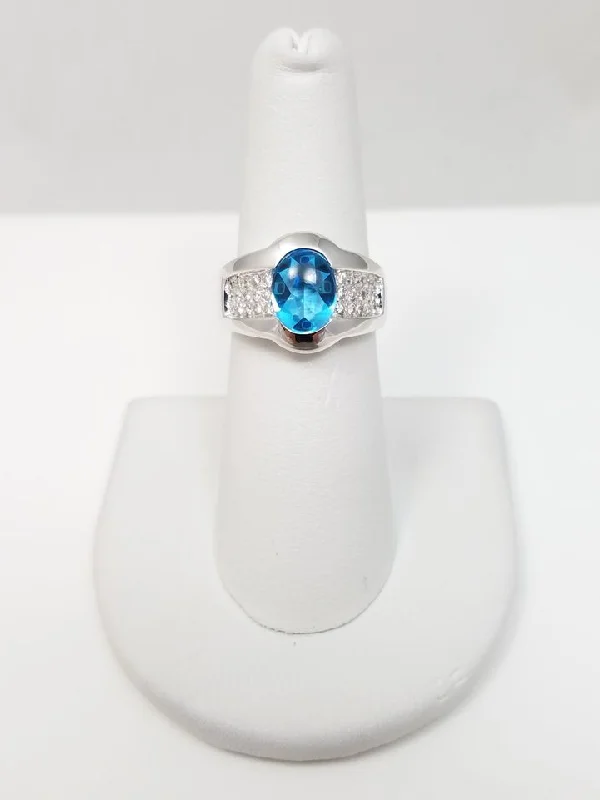 ladies-ruby-accent-rings-Flashy 18k White Gold Natural Blue Topaz Diamond Ring