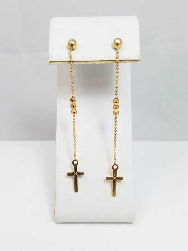 ladies-custom-post-earrings-Dramatic 14k Yellow Gold Cross Dangle Earrings