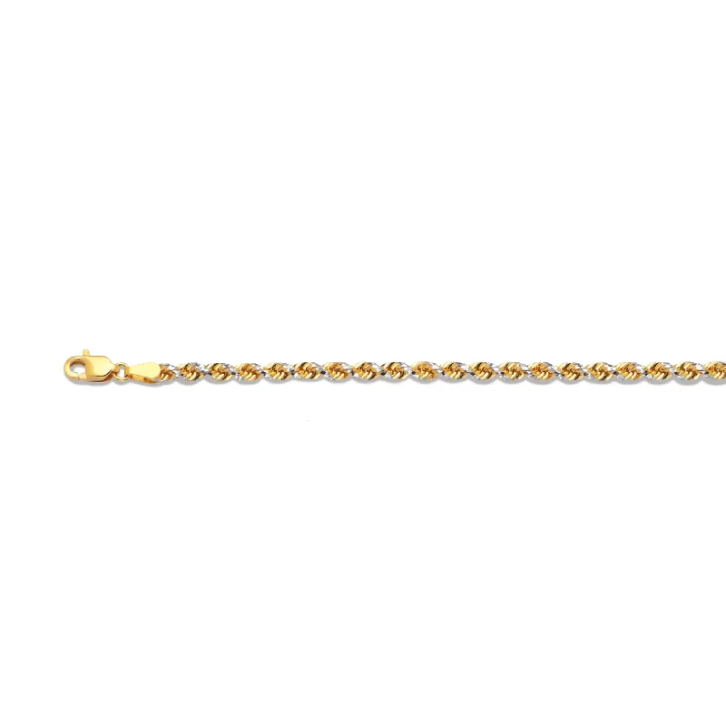 Ladies bracelets slim charm -14K 3MM TWO TONE SOLID DC PRISM ROPE 9" CHAIN BRACELET (AVAILABLE IN LENGTHS 7" - 30")