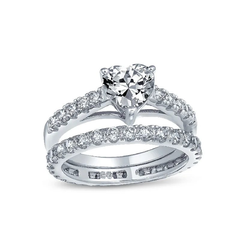 engagement-silver-halo-rings-Cocktail Statement Ring: 1CT CZ Heart Shaped Anniversary Wedding Engagement Band Set