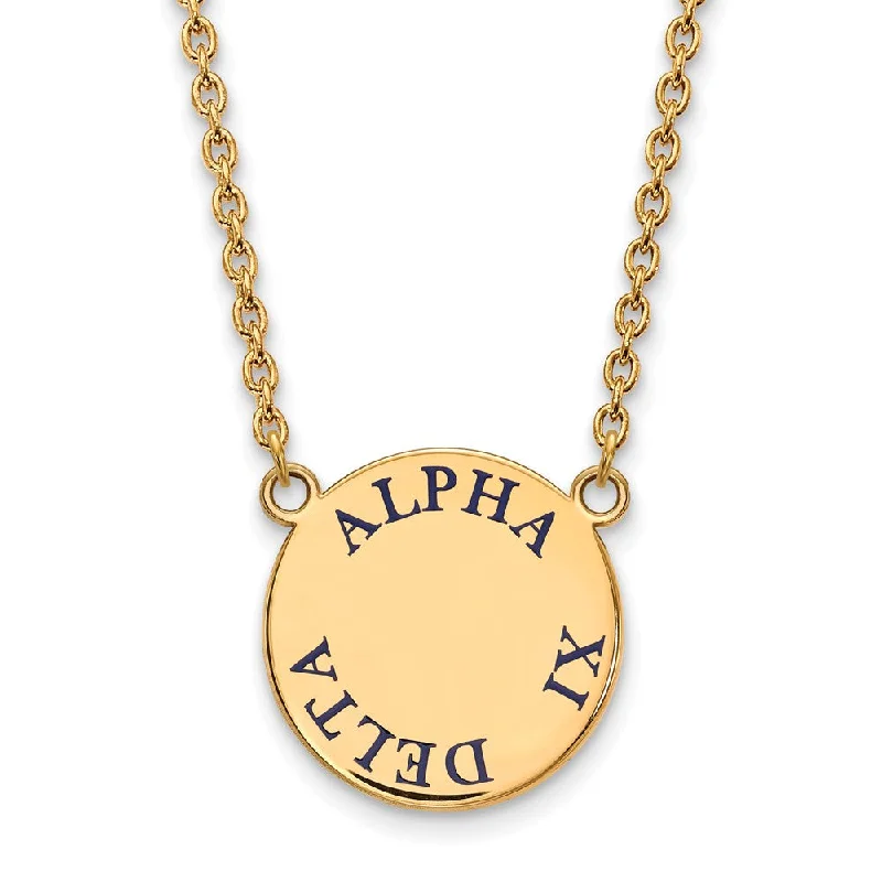 Ladies necklaces for bakers -14K Plated Silver Alpha Xi Delta Large Blue Enamel Disc Necklace