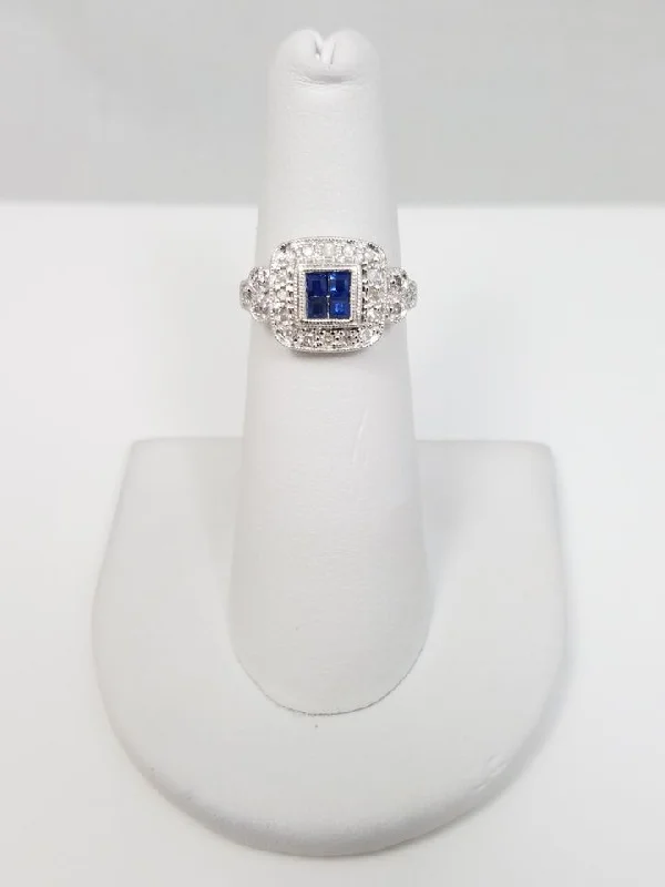 ladies-pearl-bypass-rings-Classy Ladies 14k White Gold Natural Sapphire Diamond Ring