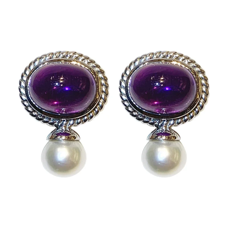 ladies-statement-hoop-earrings-Earrings- Amethyst and Pearl in Silver