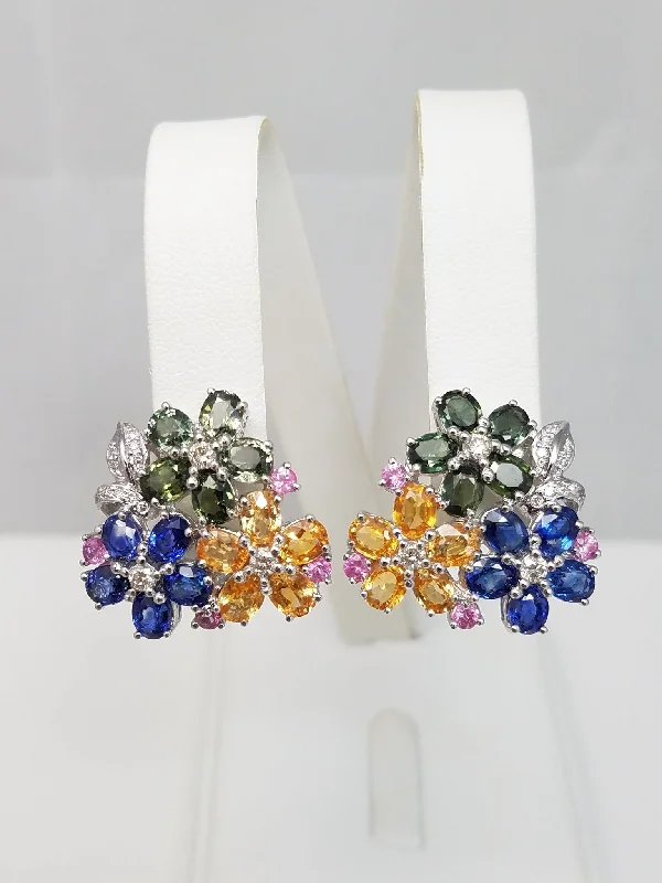 ladies-classic-hoop-earrings-Colorful Natural Sapphire + Diamond 18k White Gold Flower Earrings