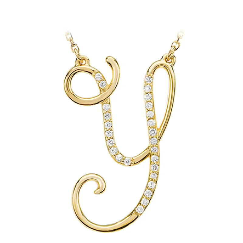 Ladies necklaces fairy-tale flair -1/8 Ctw Diamond 14k Yellow Gold Medium Script Initial Y Necklace, 17in