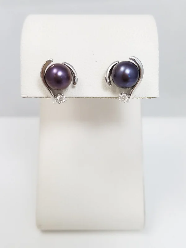 ladies-wedding-silver-earrings-Pearl + Diamond 14k White Gold Earrings