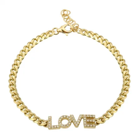 Ladies bracelets with leaf pendants -14K Yellow Gold Diamond Love Curb Link Bracelet