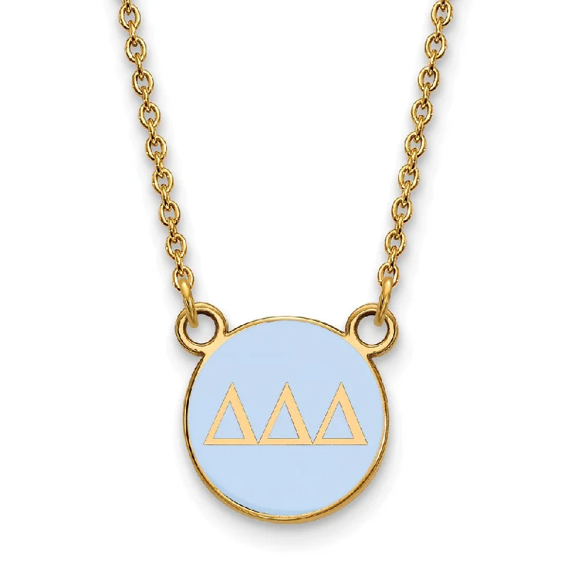 Ladies necklaces for getaway vibes -14K Plated Silver Delta Delta Delta Small Lt Blue Enamel Disc Necklace