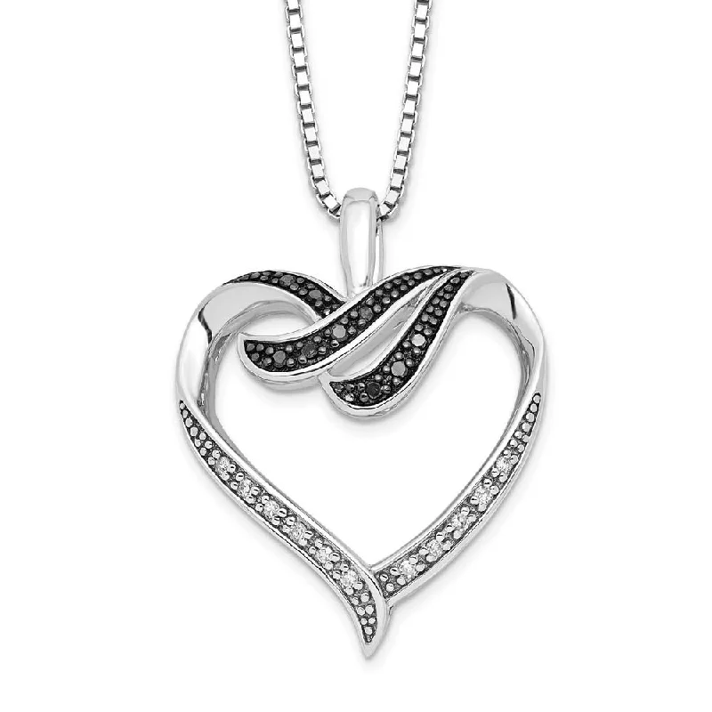 Ladies necklaces with swim pendants -Black & White Diamond 22mm Ribbon Heart Necklace in Sterling Silver