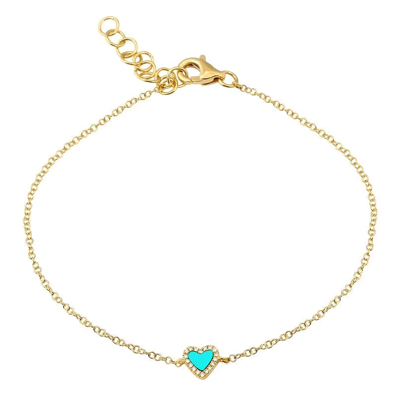 Ladies bracelets for lazy vibes -14k Yellow Gold Diamond and Turquoise Small Heart Bracelet